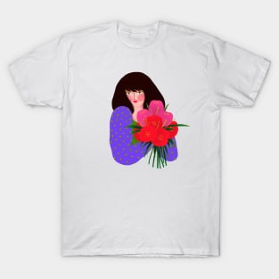 Lovely girl with red flower bouquet T-Shirt